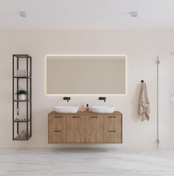 Contemporary wooden finish stradbroke vanity cabinet with a wall mounted mirror and shelf to keep your essentials