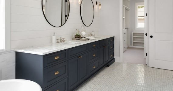 Modern and space utility bathroom cabinet with attached walk-in closet