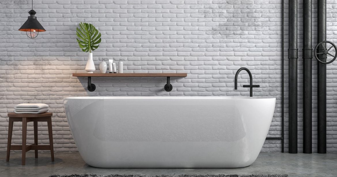 A black and white combination bathroom with a gloss finish white bathtub