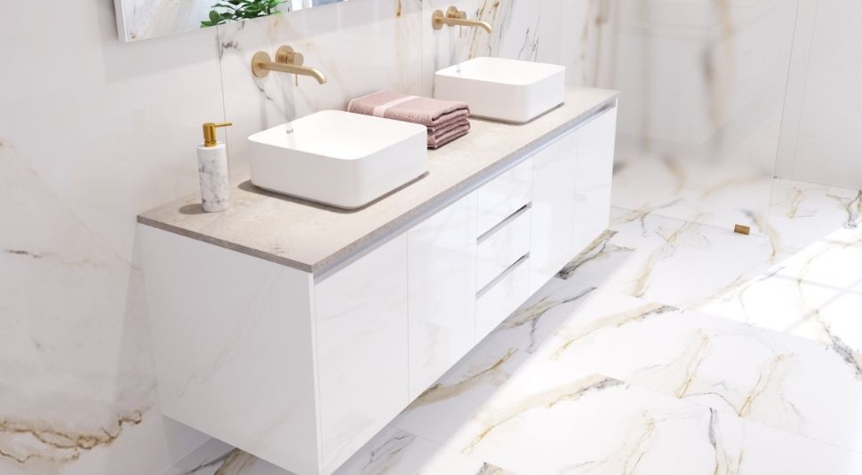 White sink with a vanity Cabinet with white marble floor