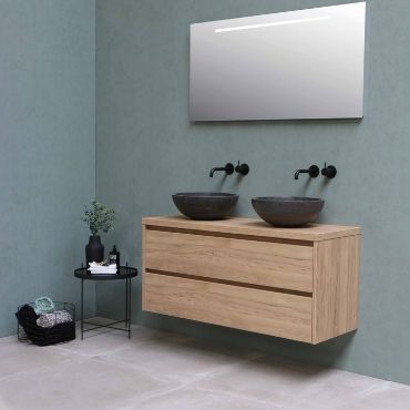 woodgrain bathroom vanity cabinet with black basins