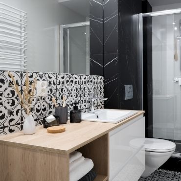 woodgrain bathroom vanity cabinet with deep storage