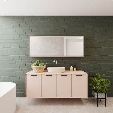 Contrasting colored bathroom design with vanity cabinet and textured wall