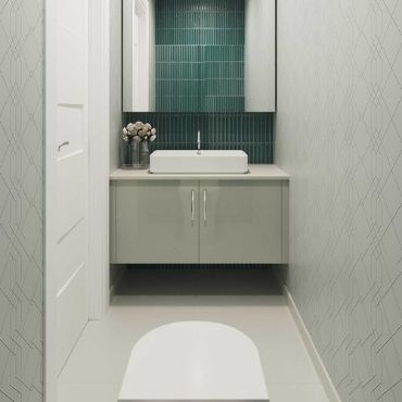 Proper usage of the space with a custom made vanity cabinet and a wall mount mirror