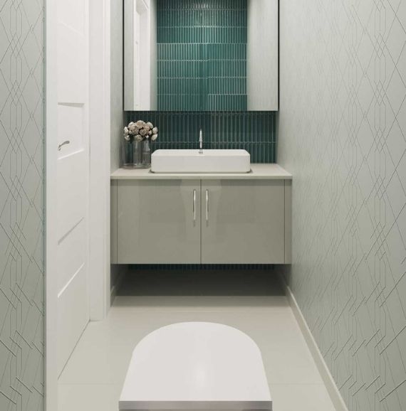 Proper usage of the space with a custom made vanity cabinet and a wall mount mirror