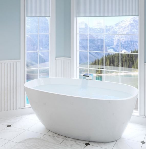 What bath with full wall glass window and modern texture