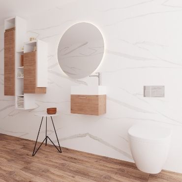 Small / Narrow Vanities mounted on a white textured wall with a round mirror