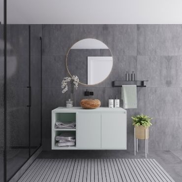 Gray Vanities with Open Shelves in a blackish bathroom
