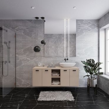 Brown Vanities with Open Shelves in a grey and white shade bathroom