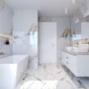 white champagne bath in marble bathroom