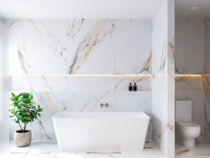 white champagne bathtub in marble bathroom