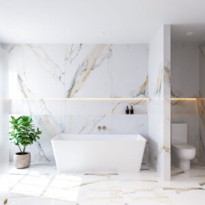 white champagne bathtub in marble bathroom
