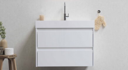 white vanity cabinet in a small bathroom