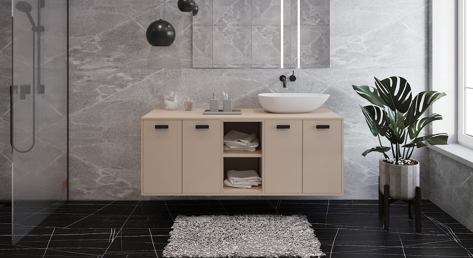 Wide beige vanity cabinet in a gorgeous modern bathroom