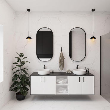 white contemporary vanities with open shelves