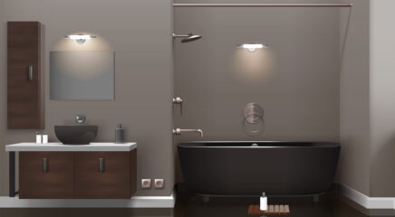 Realistic bathroom interior design with lighting, brown furniture, dark washbasin and tub, glossy floor