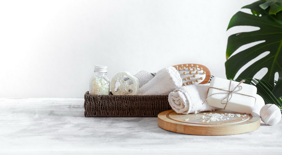 Spa composition with body care items on a light background