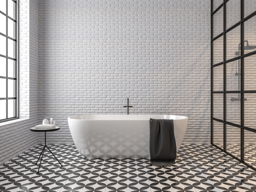 Black & white bathroom with patterned tiles